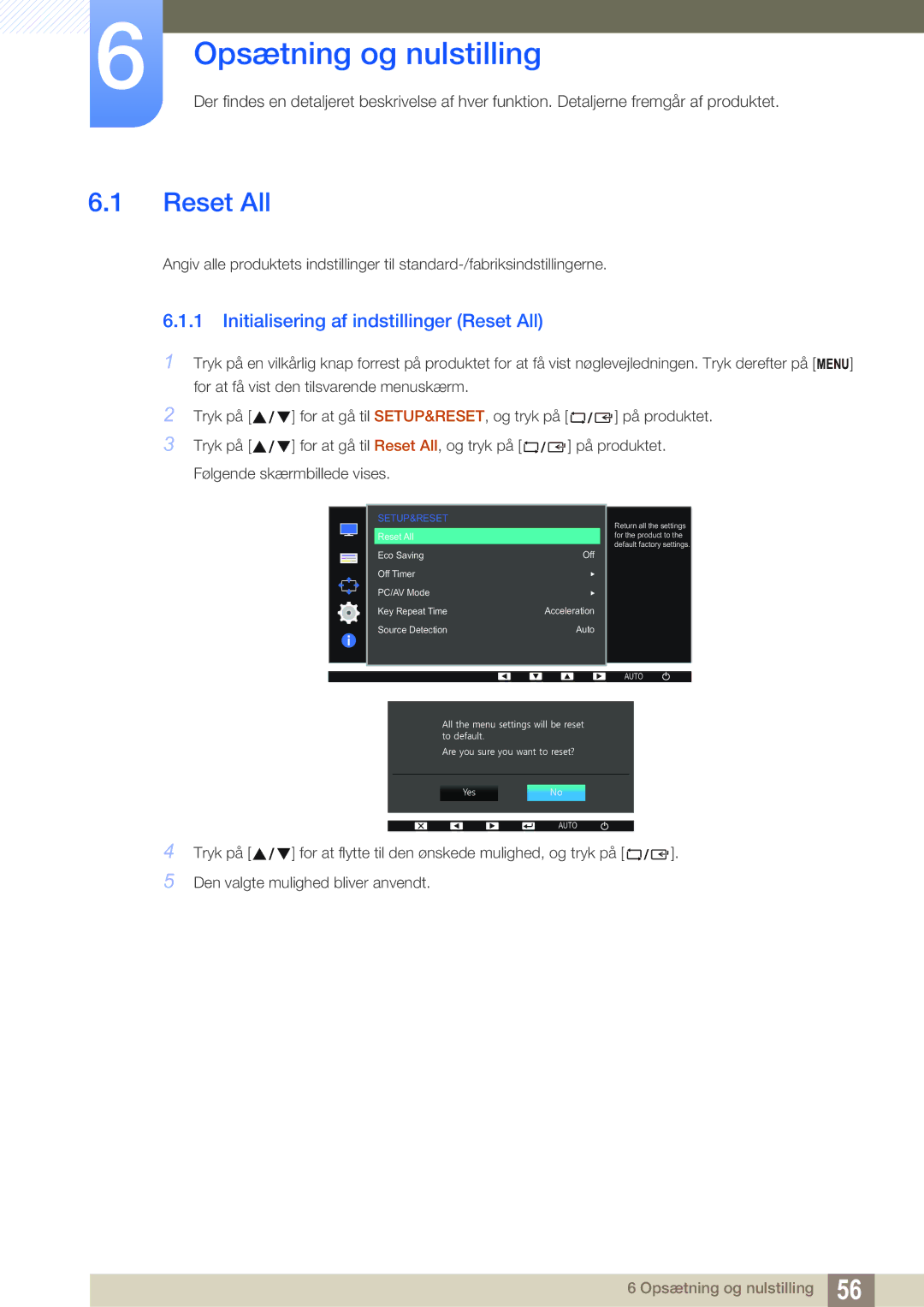 Samsung LS22D390QS/EN manual Opsætning og nulstilling, Initialisering af indstillinger Reset All 