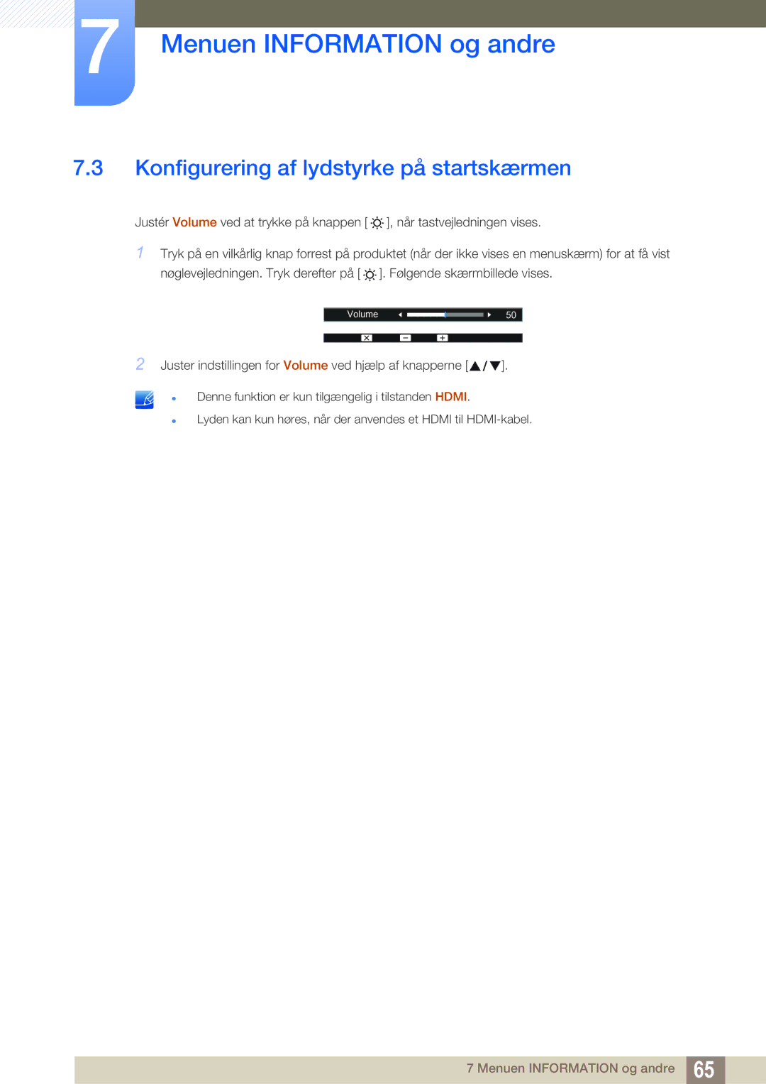 Samsung LS22D390QS/EN manual Konfigurering af lydstyrke på startskærmen 