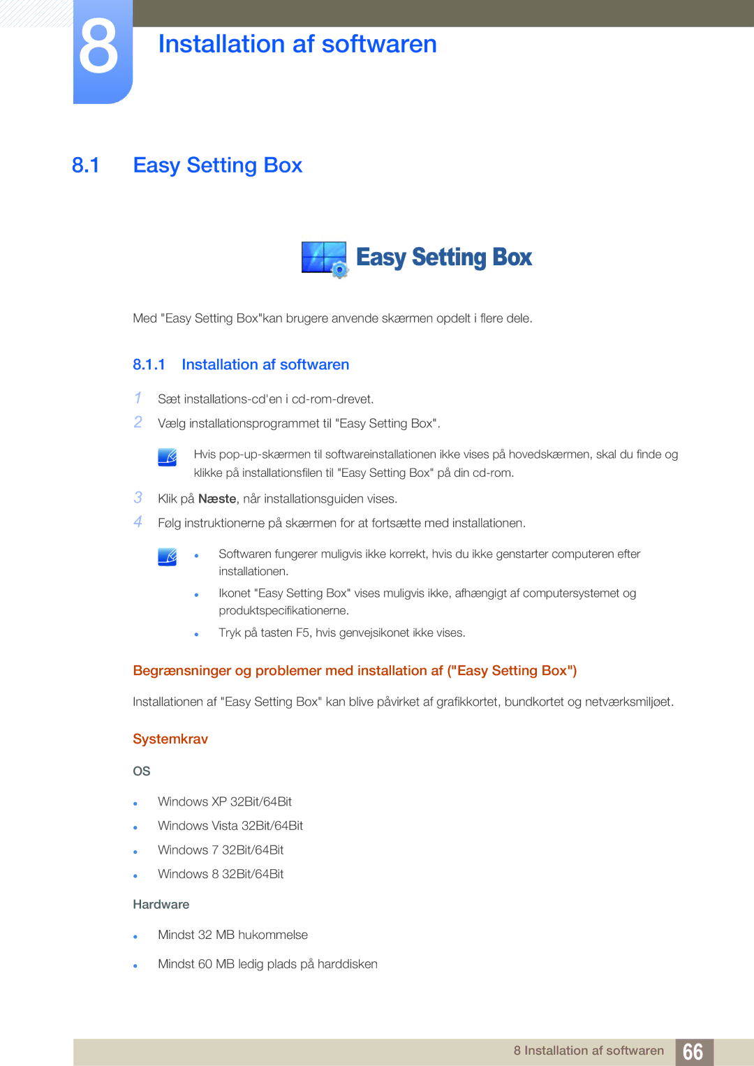 Samsung LS22D390QS/EN manual Installation af softwaren, Easy Setting Box, Systemkrav 