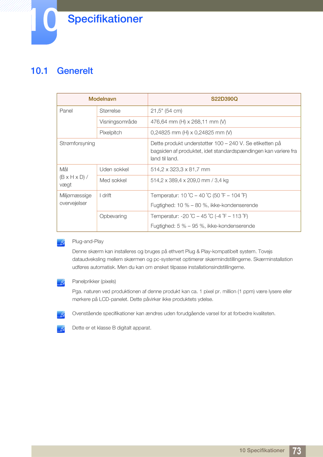 Samsung LS22D390QS/EN manual Specifikationer, Generelt 