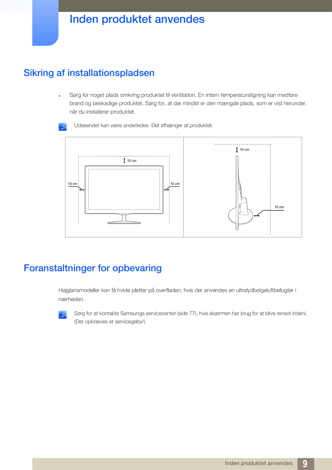 Samsung LS22D390QS/EN manual Sikring af installationspladsen, Foranstaltninger for opbevaring 