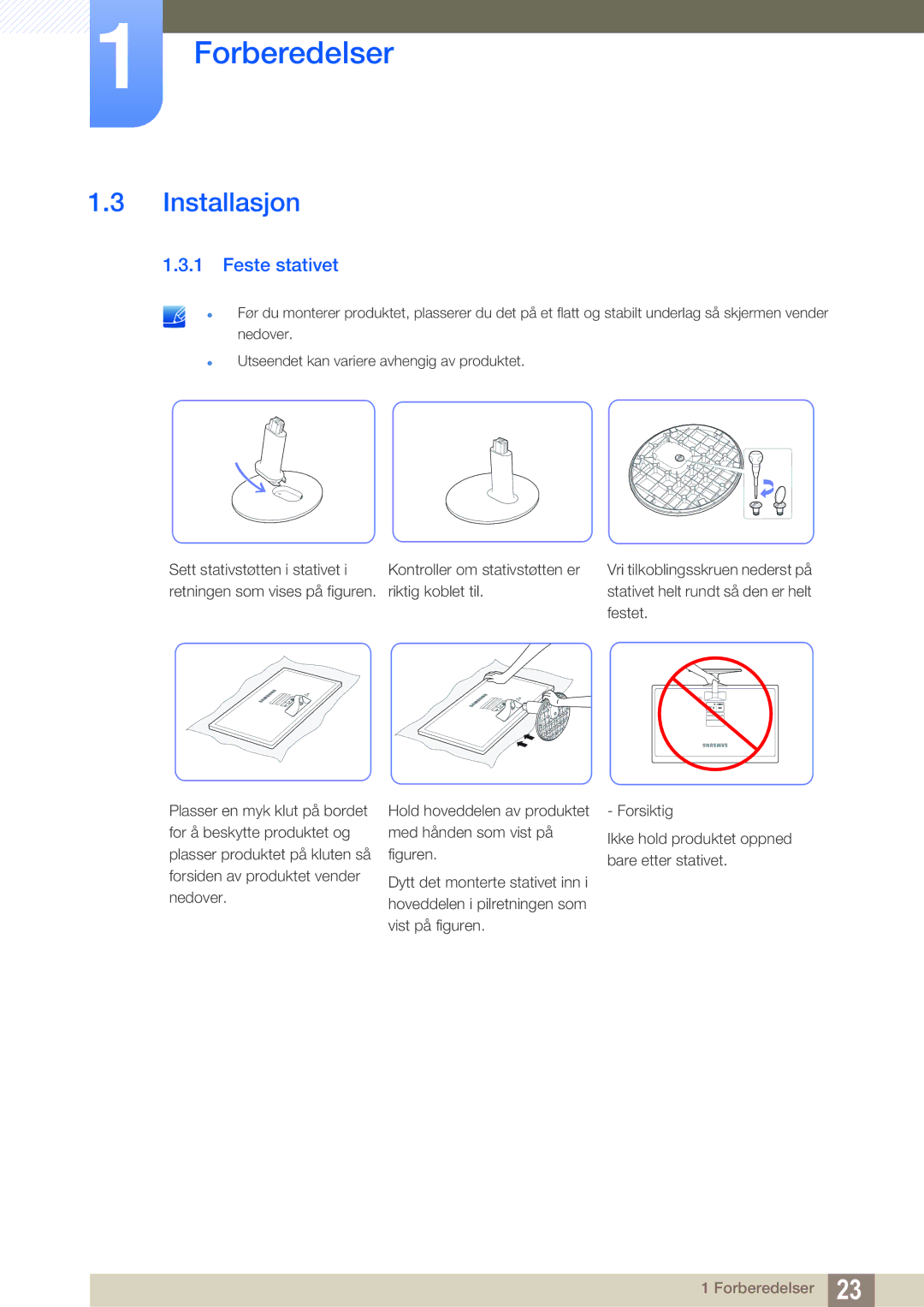 Samsung LS22D390QS/EN manual Installasjon, Feste stativet 