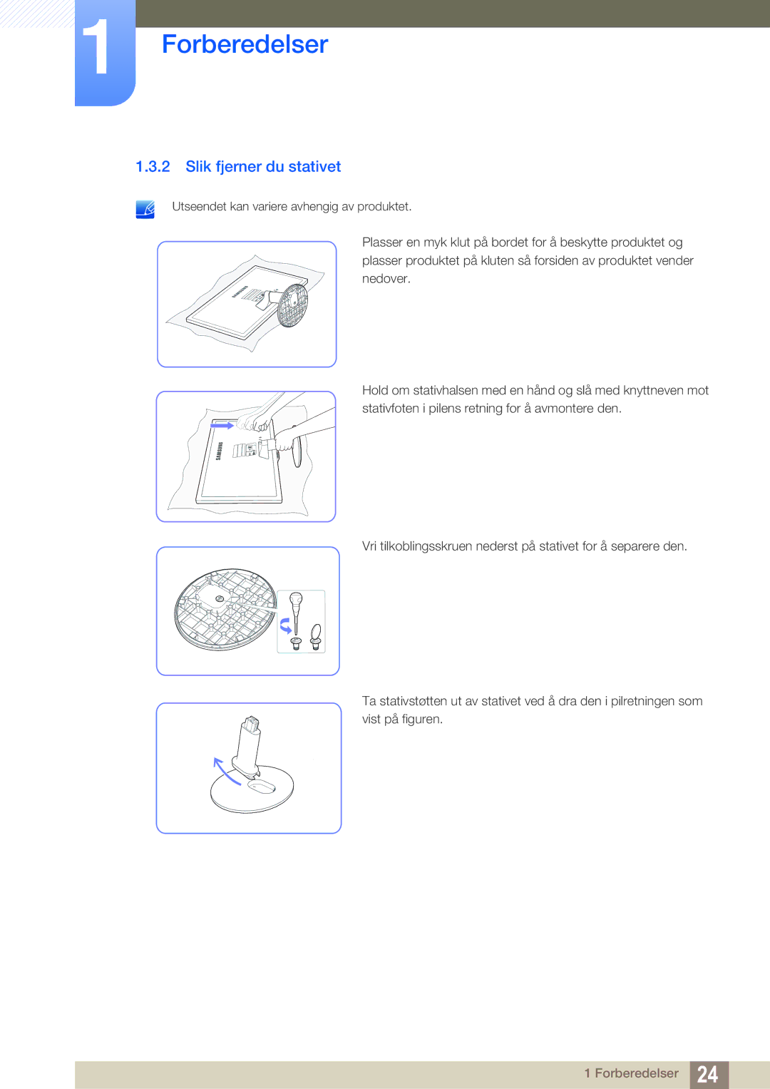 Samsung LS22D390QS/EN manual Slik fjerner du stativet 