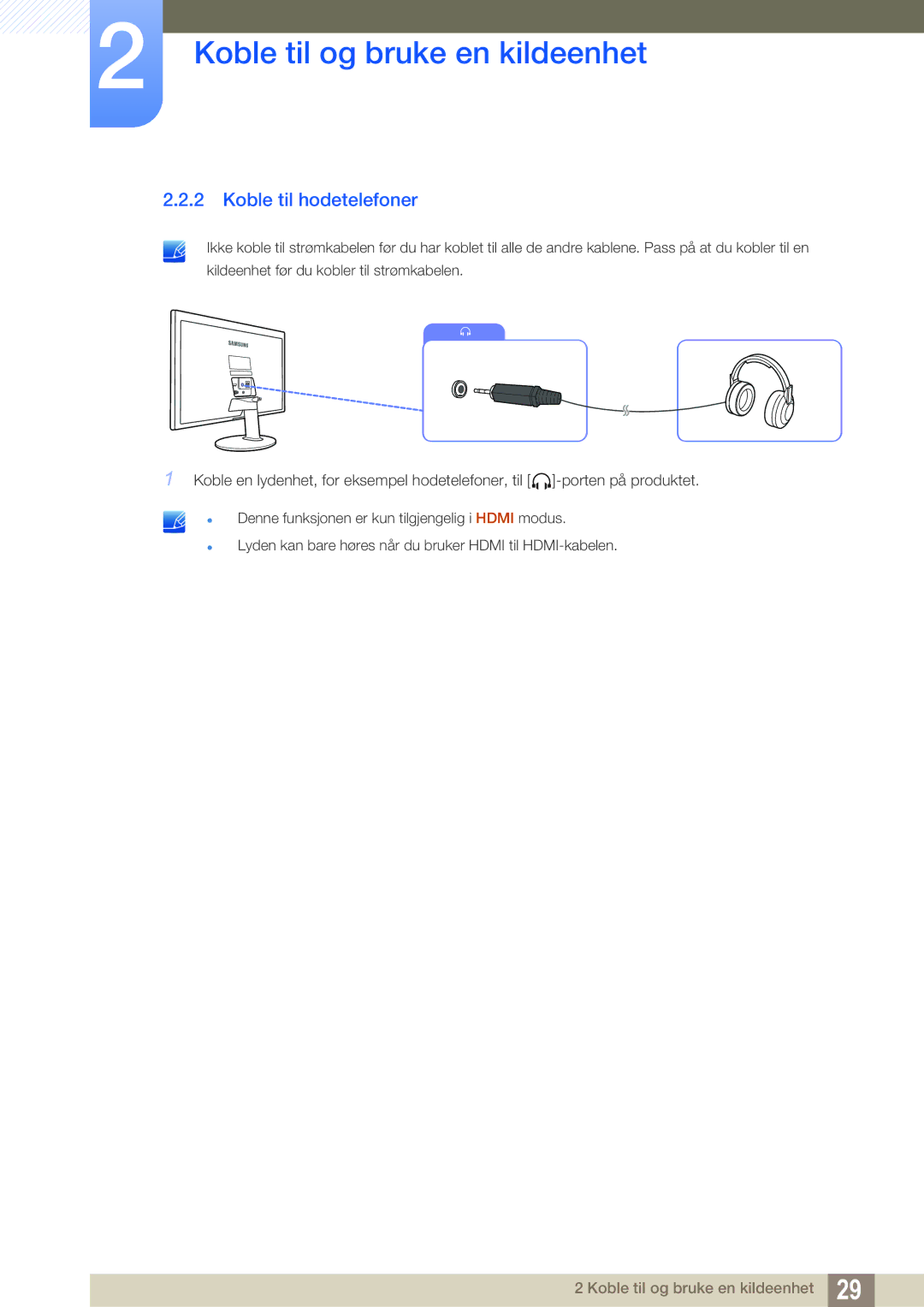 Samsung LS22D390QS/EN manual Koble til hodetelefoner 