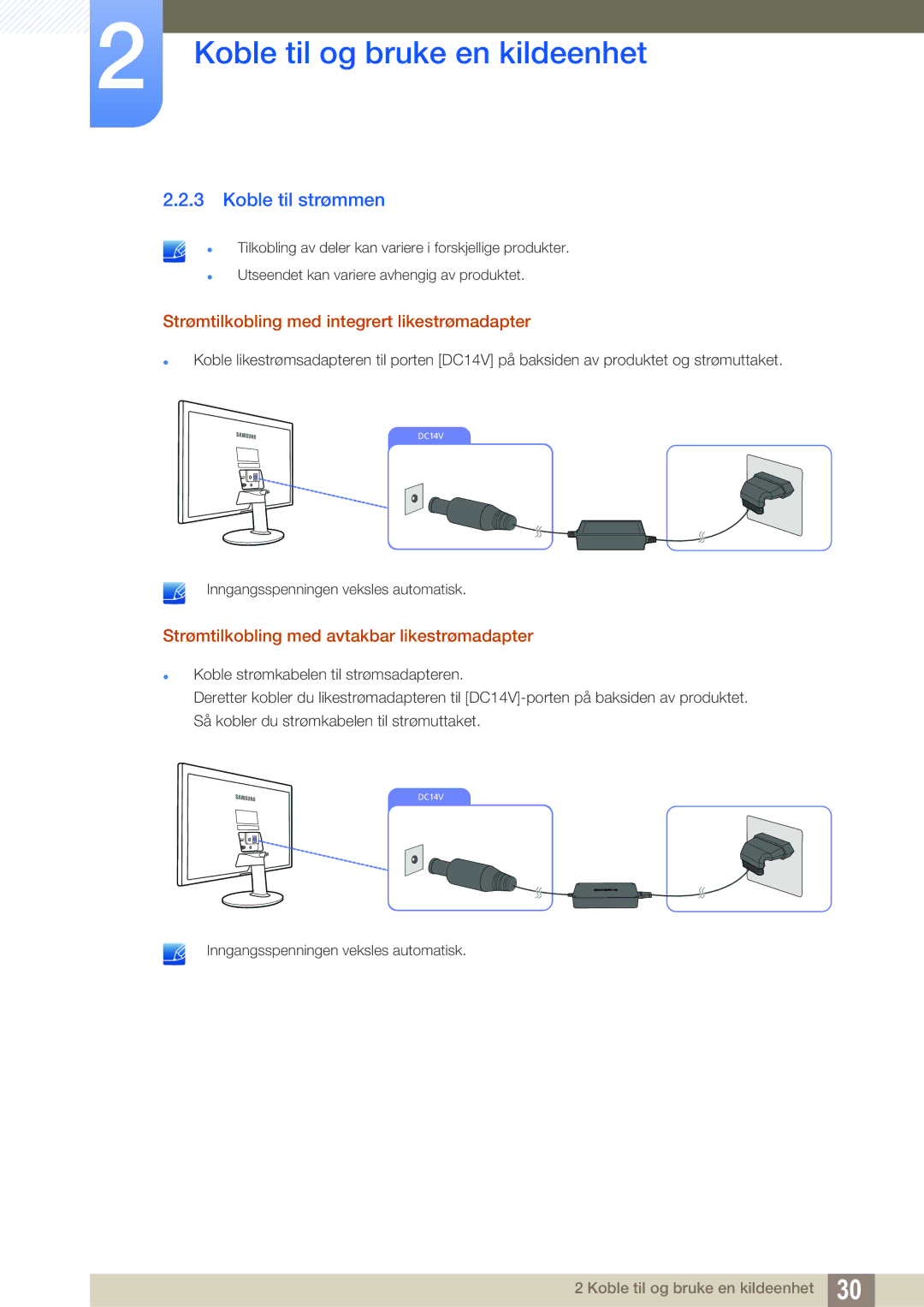 Samsung LS22D390QS/EN manual Koble til strømmen, Strømtilkobling med integrert likestrømadapter 