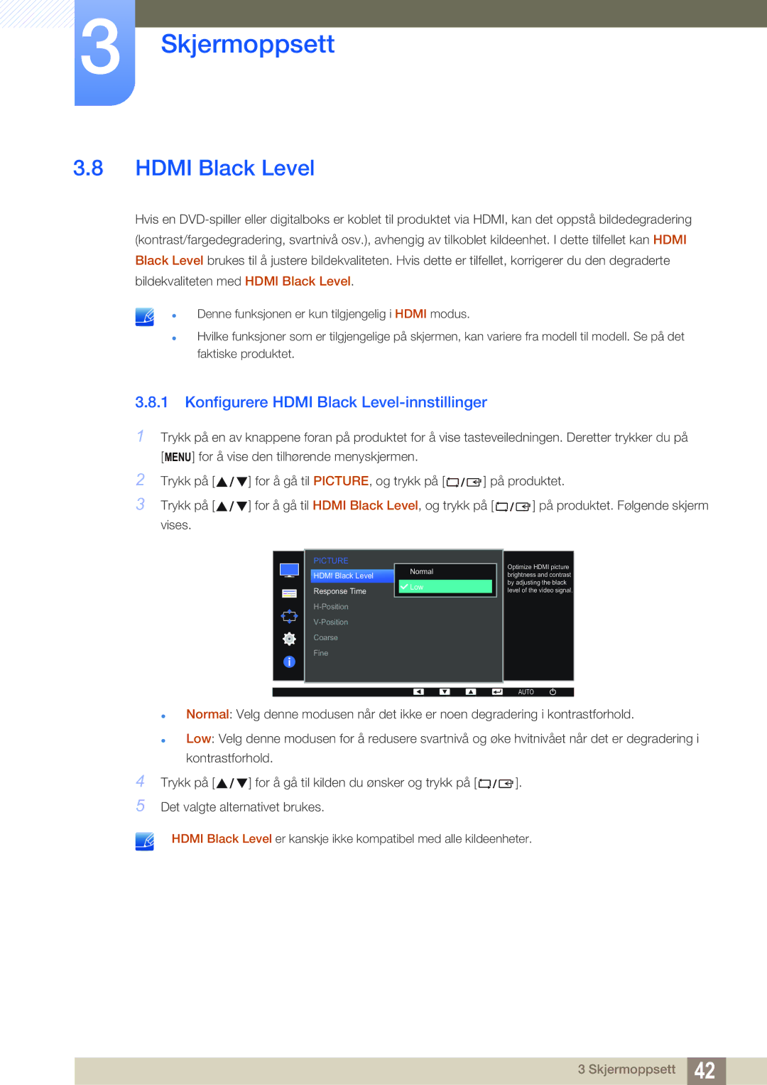 Samsung LS22D390QS/EN manual Konfigurere Hdmi Black Level-innstillinger 