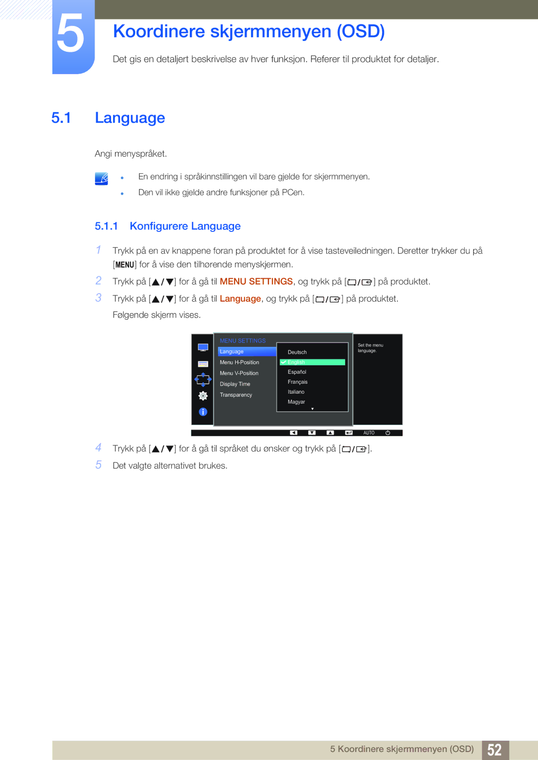 Samsung LS22D390QS/EN manual Koordinere skjermmenyen OSD, Konfigurere Language 