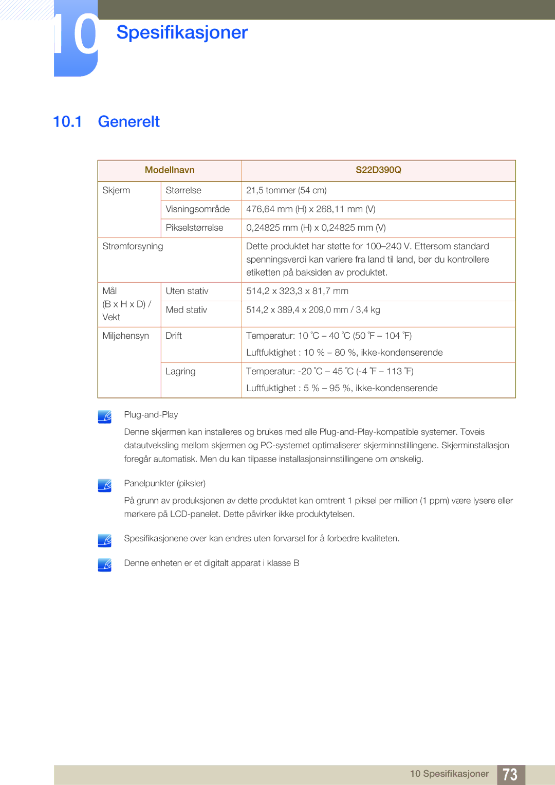 Samsung LS22D390QS/EN manual Spesifikasjoner, Generelt 