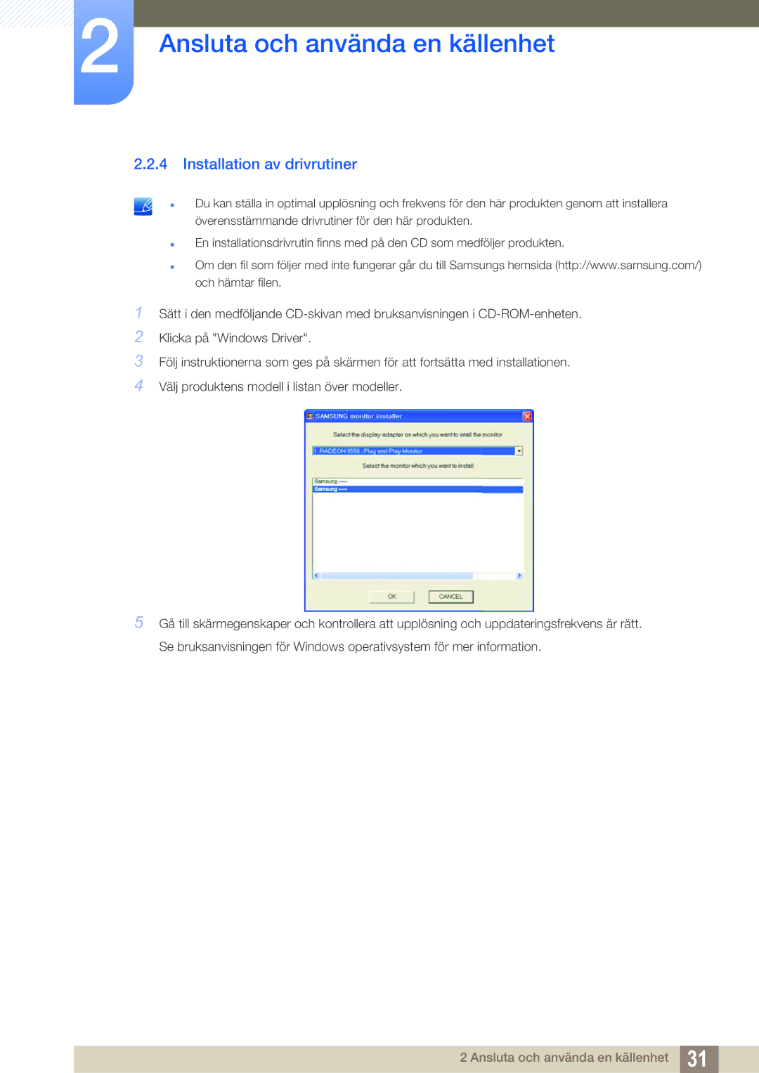 Samsung LS22D390QS/EN manual Installation av drivrutiner 