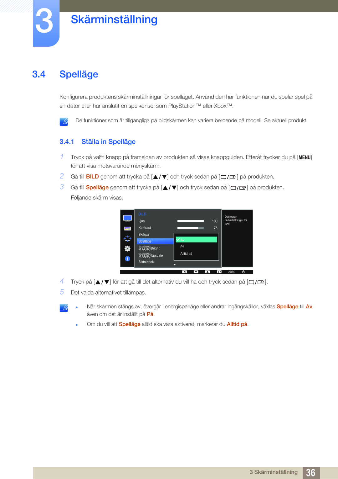 Samsung LS22D390QS/EN manual 1 Ställa in Spelläge 