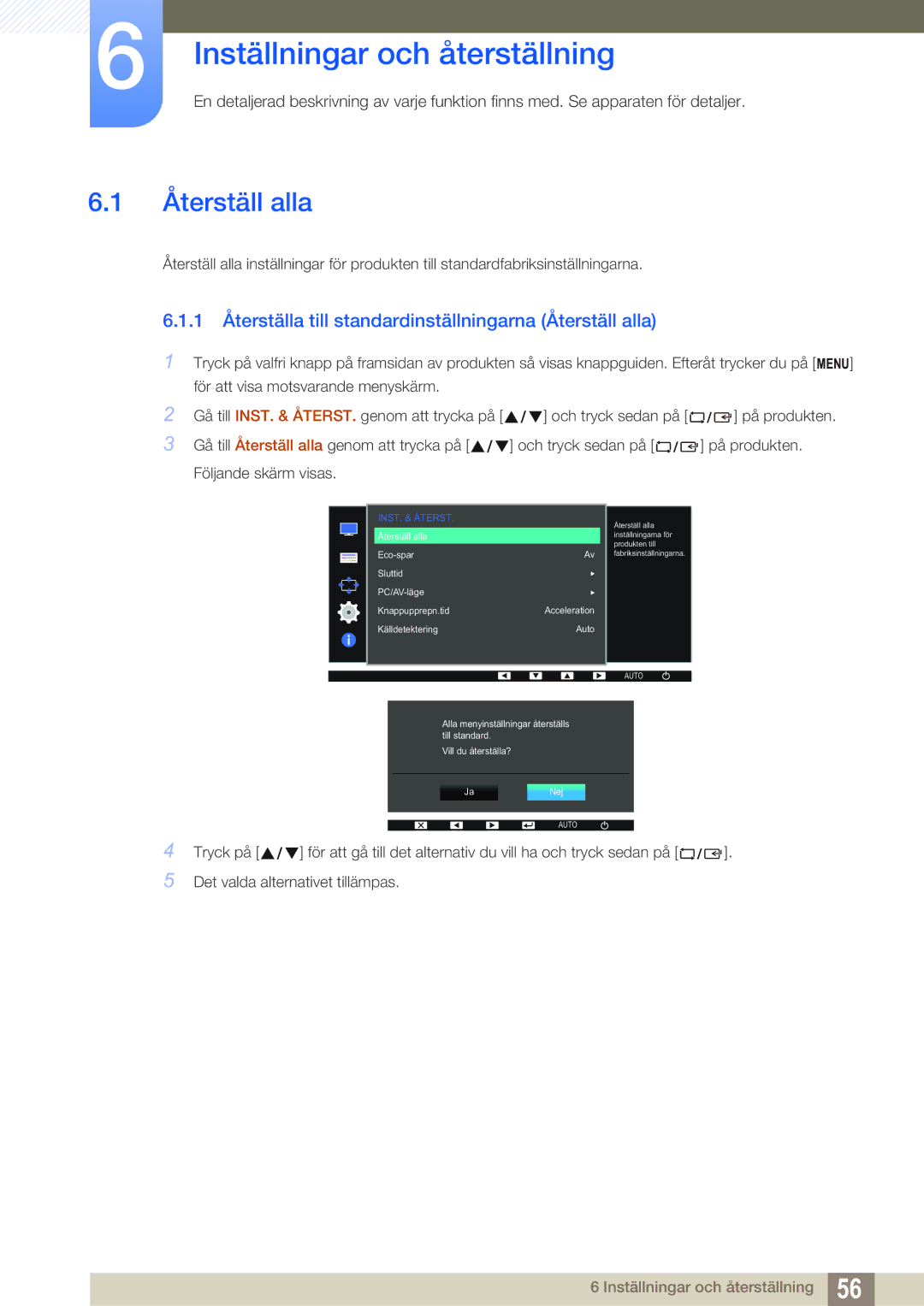 Samsung LS22D390QS/EN manual Inställningar och återställning, Återställ alla 