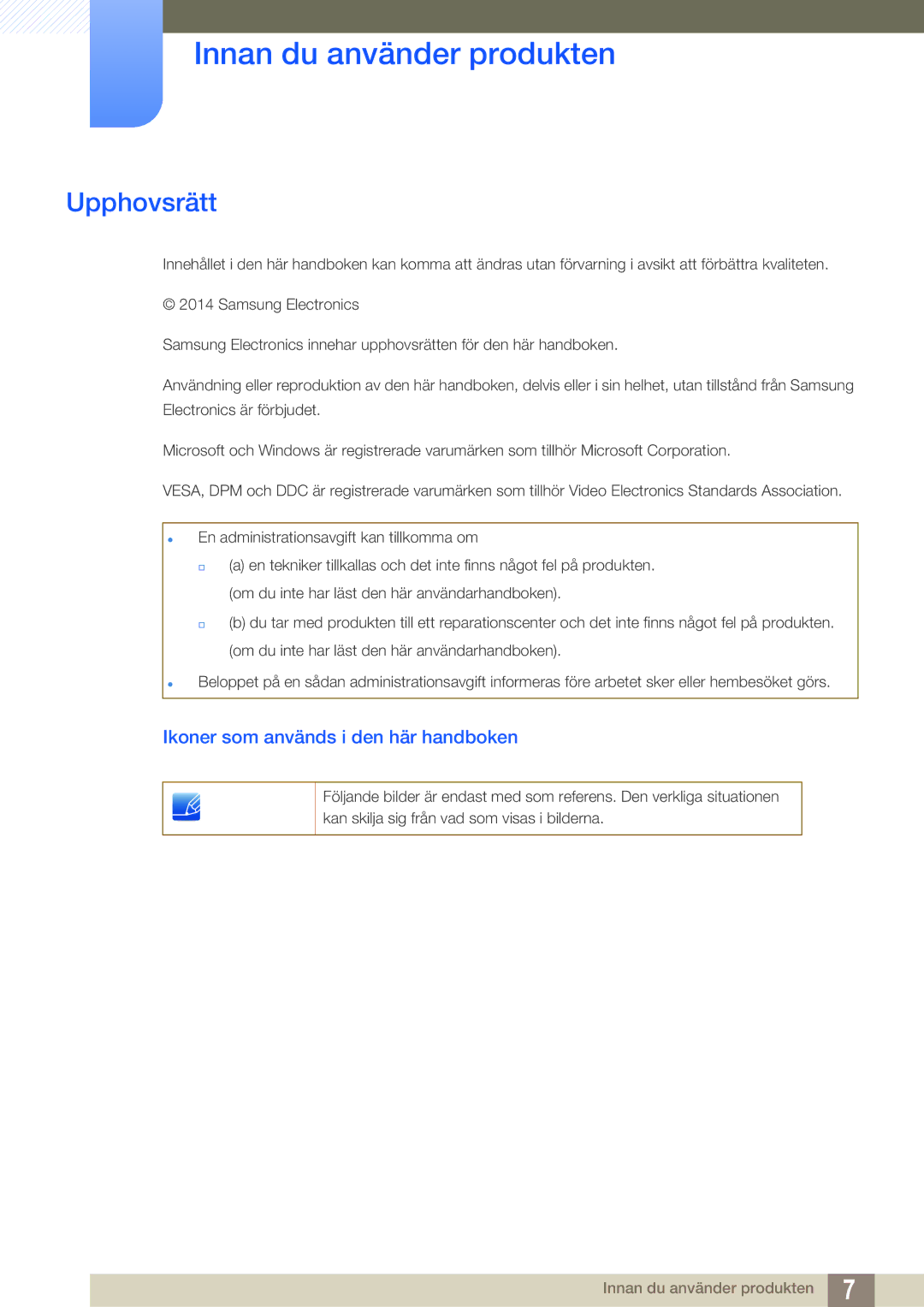 Samsung LS22D390QS/EN manual Innan du använder produkten, Upphovsrätt, Ikoner som används i den här handboken 