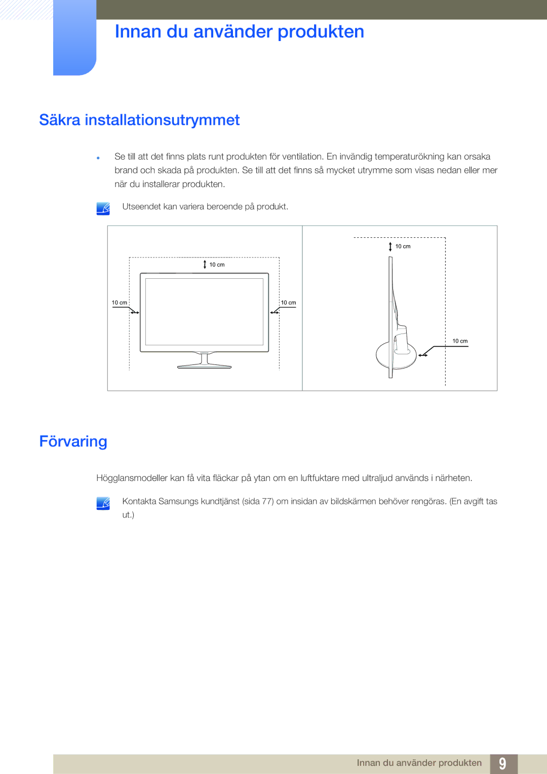 Samsung LS22D390QS/EN manual Säkra installationsutrymmet, Förvaring 