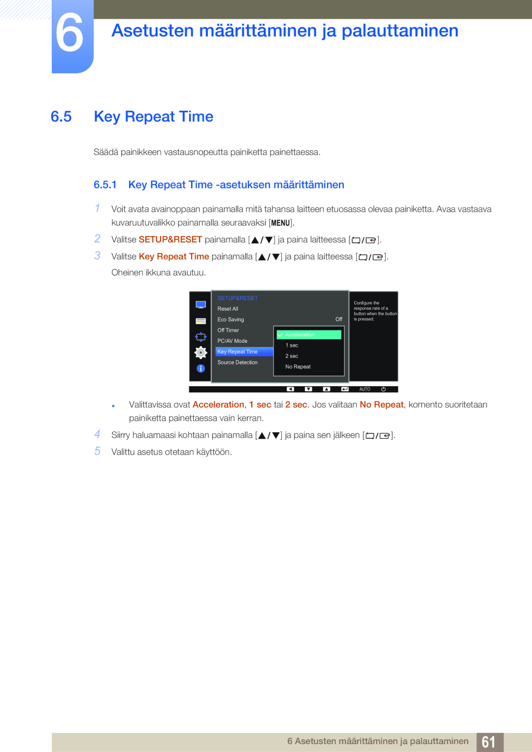 Samsung LS22D390QS/EN manual Key Repeat Time -asetuksen määrittäminen 