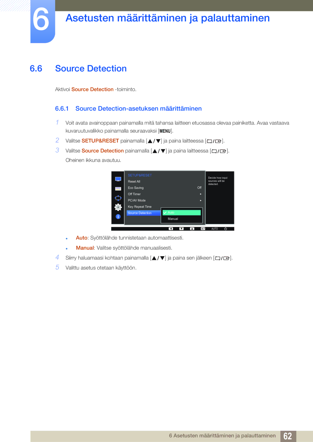 Samsung LS22D390QS/EN manual Source Detection-asetuksen määrittäminen 