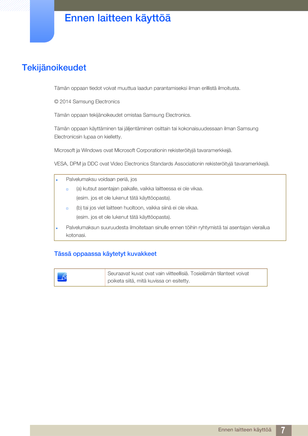 Samsung LS22D390QS/EN manual Ennen laitteen käyttöä, Tekijänoikeudet, Tässä oppaassa käytetyt kuvakkeet 