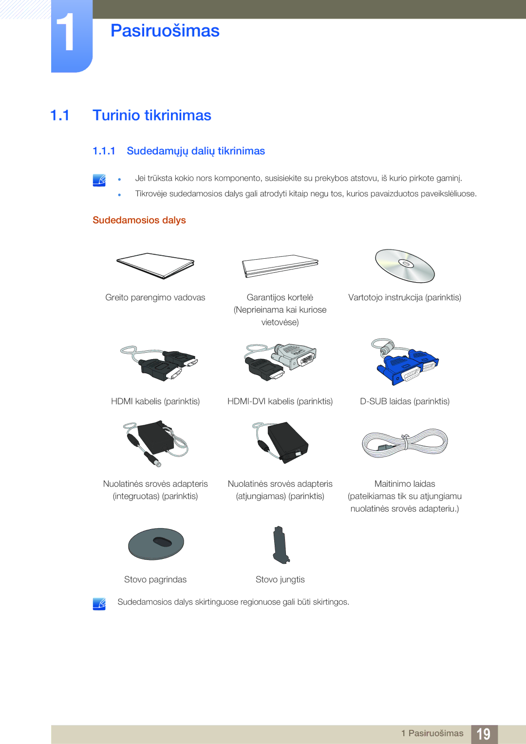 Samsung LS22D390QS/EN manual Pasiruošimas, Turinio tikrinimas, Sudedamųjų dalių tikrinimas, Sudedamosios dalys 