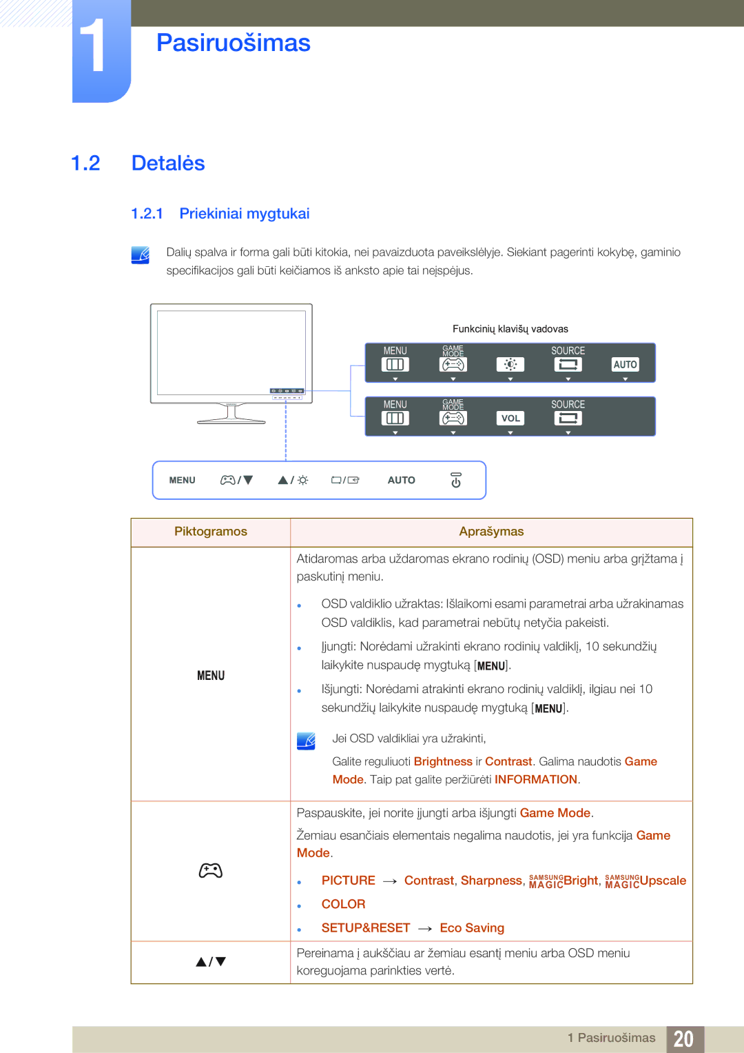 Samsung LS22D390QS/EN manual Detalės, Priekiniai mygtukai 