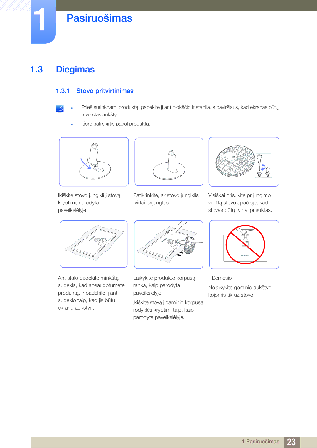 Samsung LS22D390QS/EN manual Diegimas, Stovo pritvirtinimas 