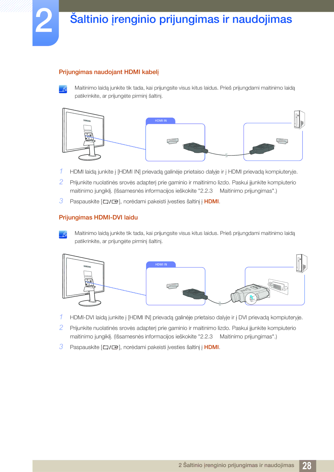 Samsung LS22D390QS/EN manual Prijungimas naudojant Hdmi kabelį, Prijungimas HDMI-DVI laidu 