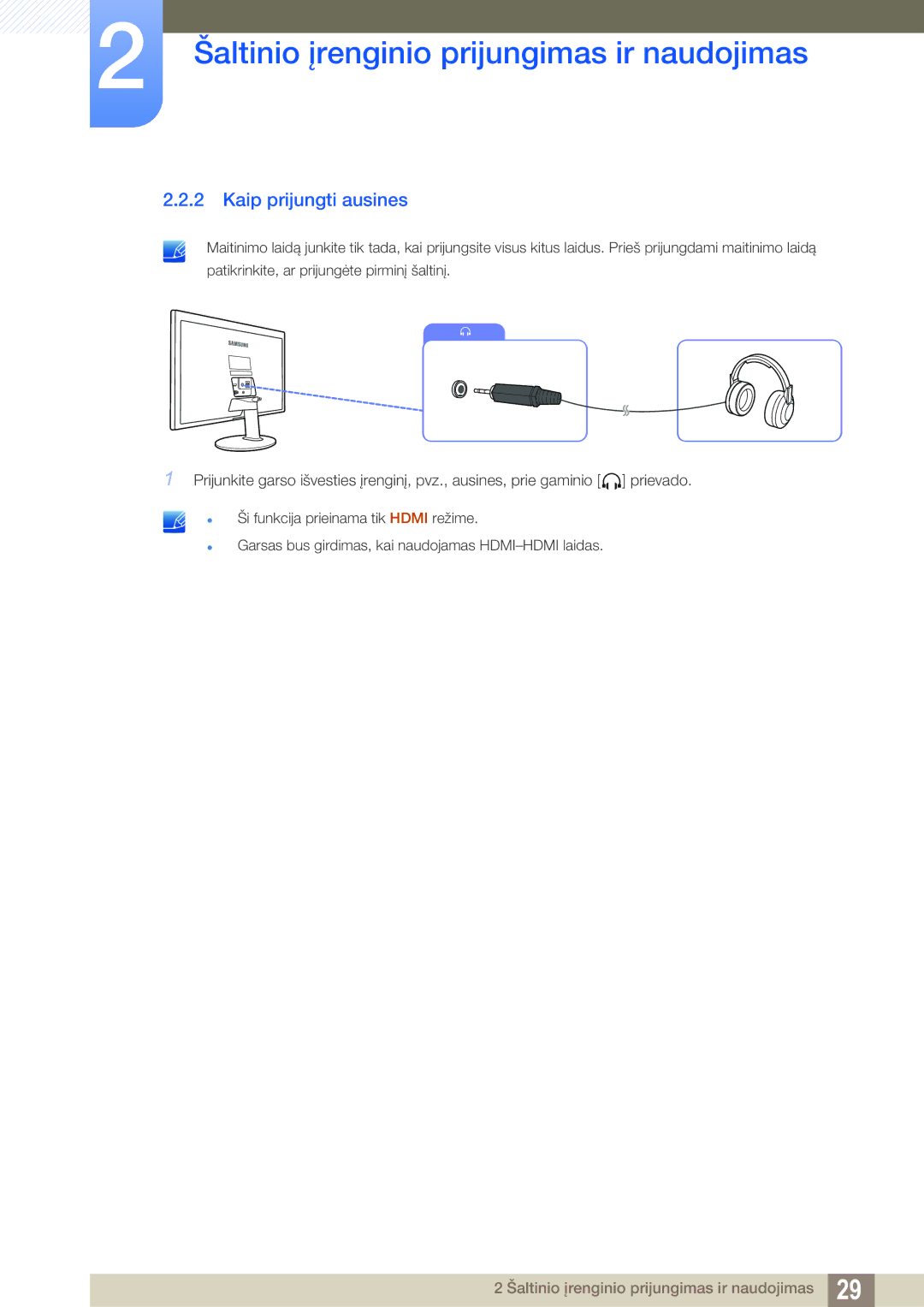 Samsung LS22D390QS/EN manual Kaip prijungti ausines 