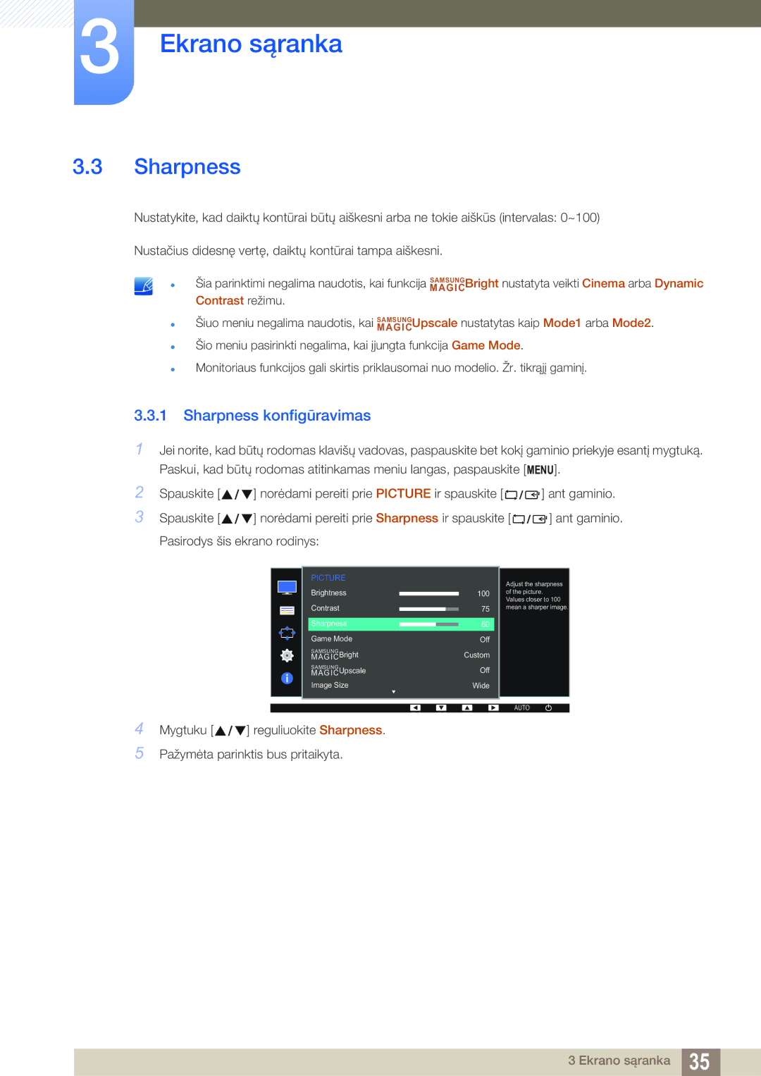 Samsung LS22D390QS/EN manual Sharpness konfigūravimas 