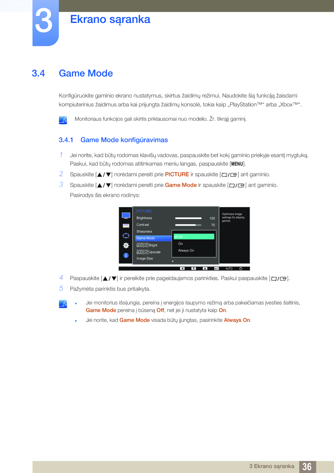 Samsung LS22D390QS/EN manual Game Mode konfigūravimas 