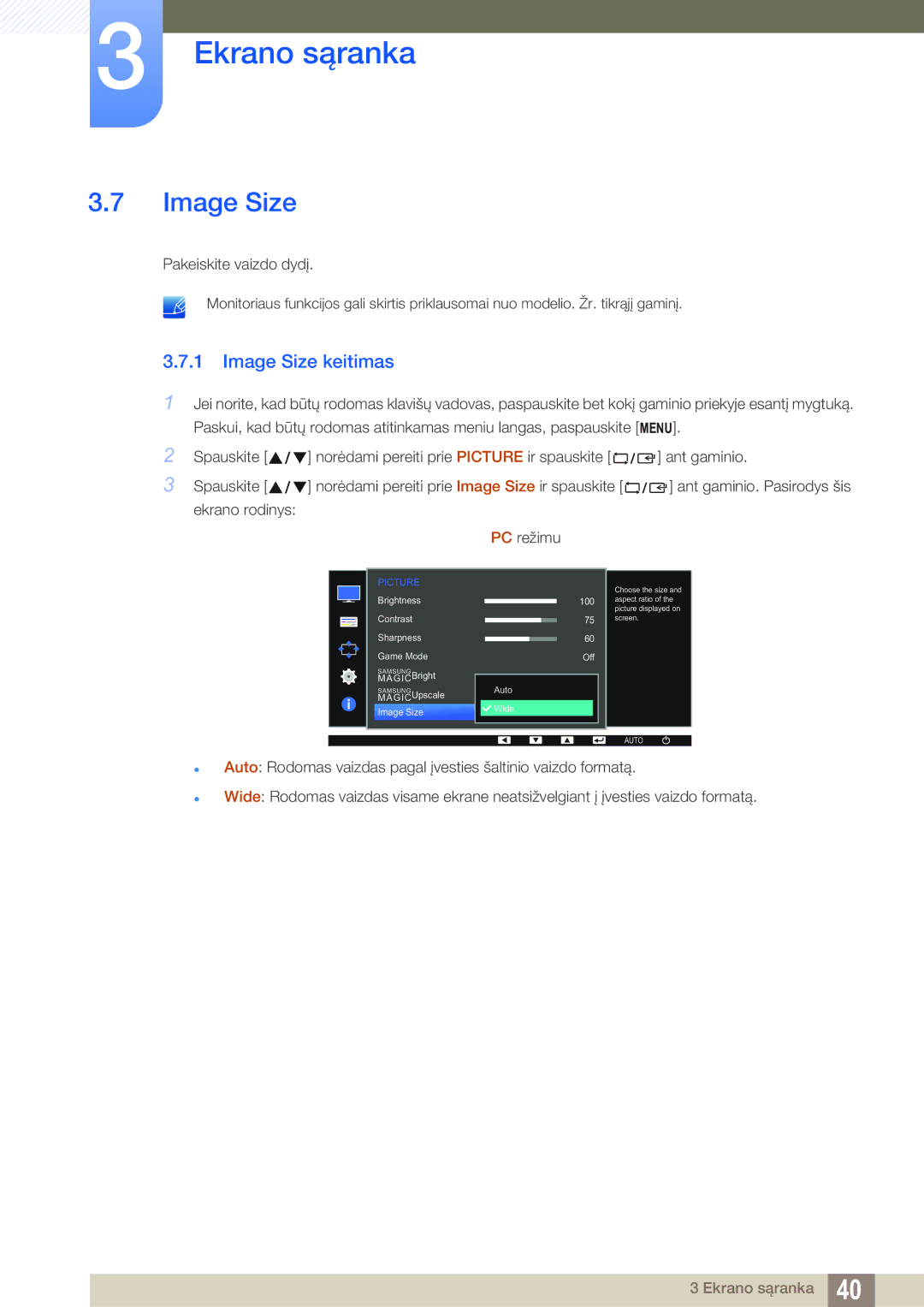 Samsung LS22D390QS/EN manual Image Size keitimas, Ekrano rodinys PC režimu 