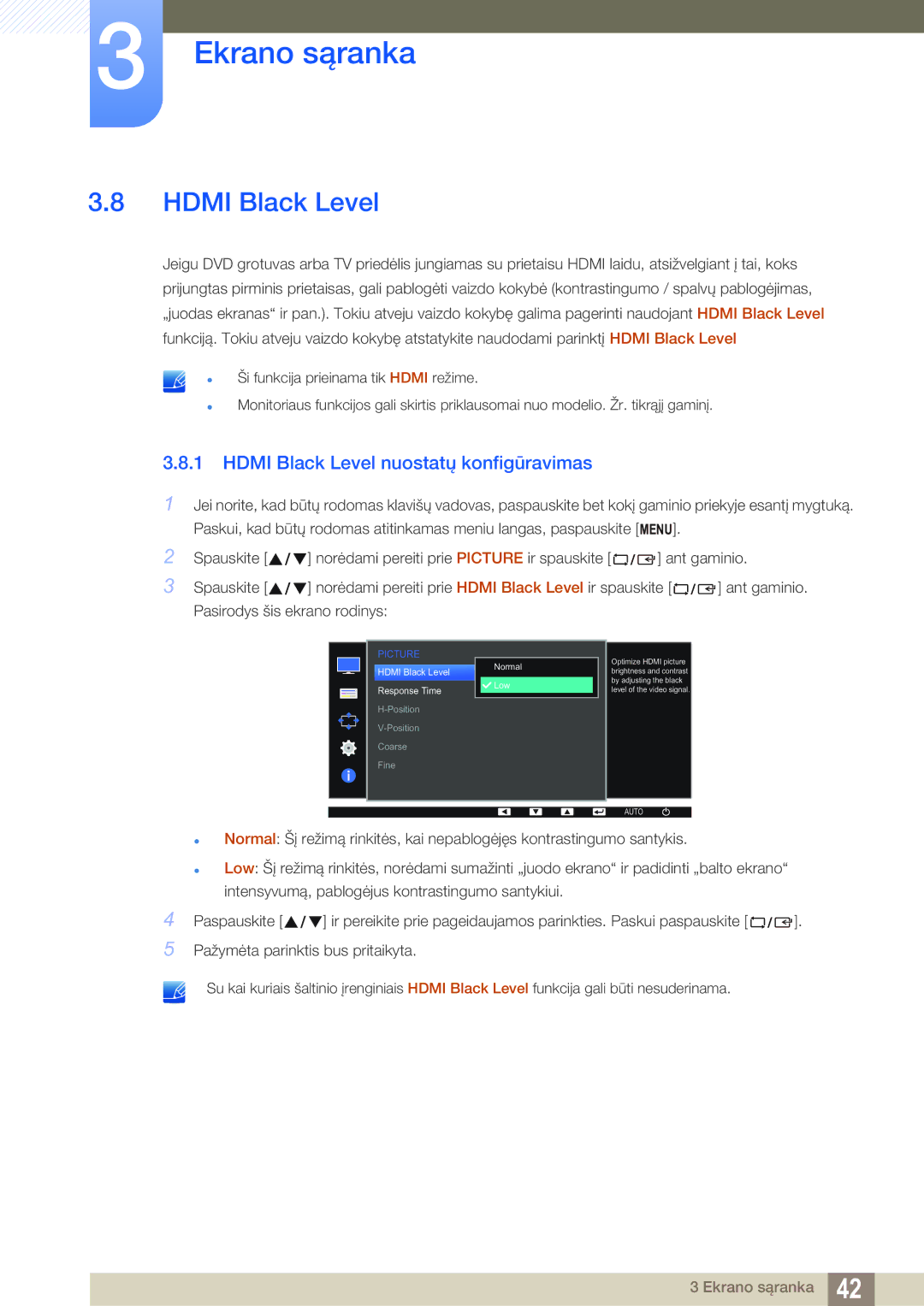 Samsung LS22D390QS/EN manual Hdmi Black Level nuostatų konfigūravimas 