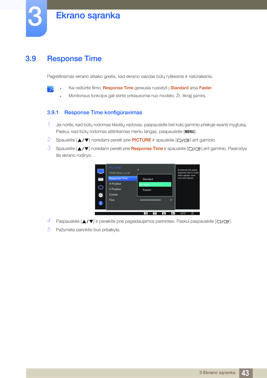 Samsung LS22D390QS/EN manual Response Time konfigūravimas 