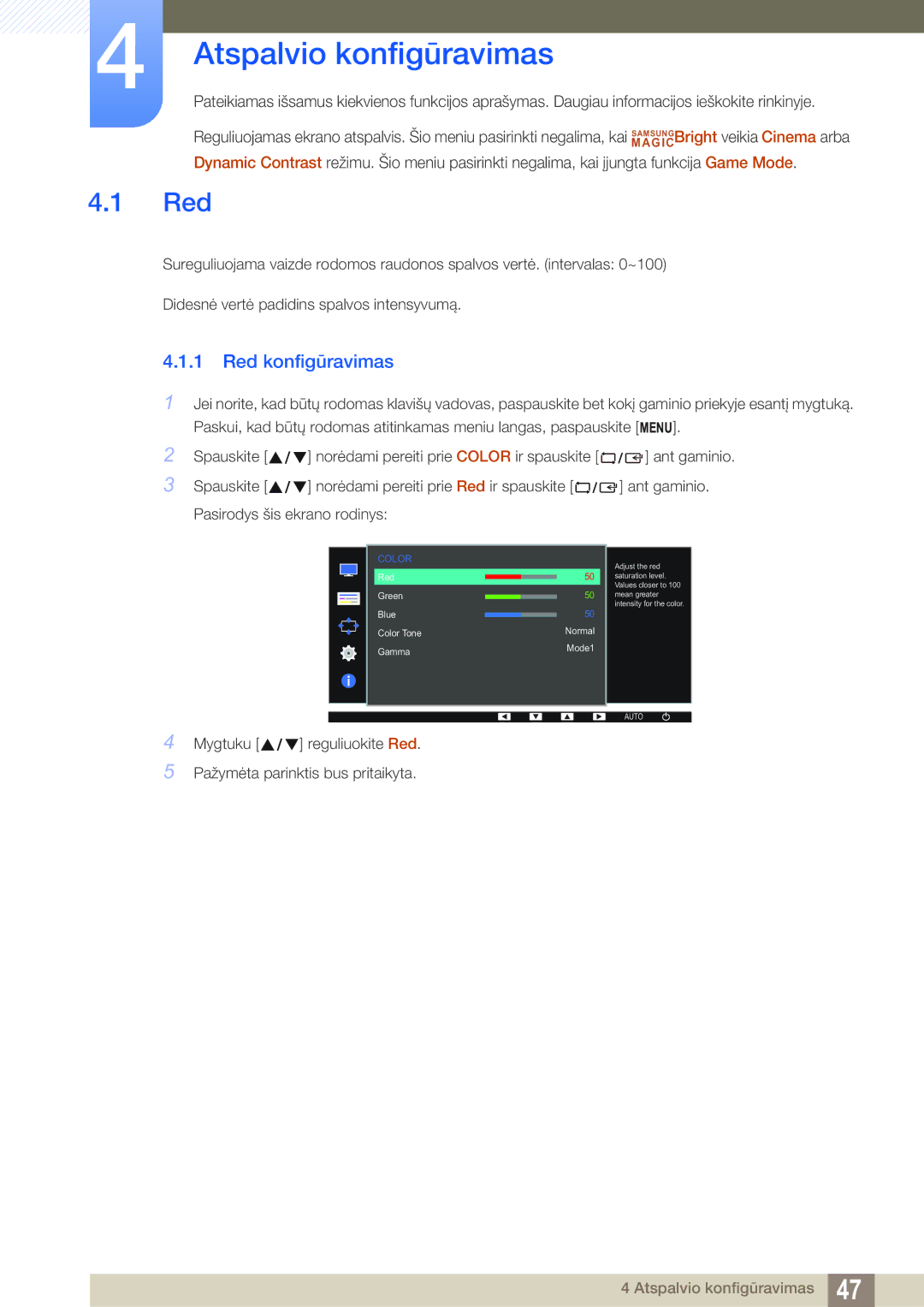 Samsung LS22D390QS/EN manual Atspalvio konfigūravimas, Red konfigūravimas 