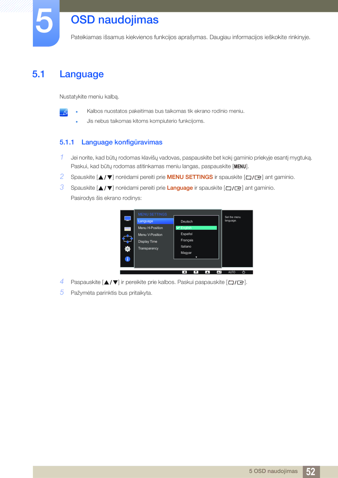 Samsung LS22D390QS/EN manual OSD naudojimas, Language konfigūravimas 