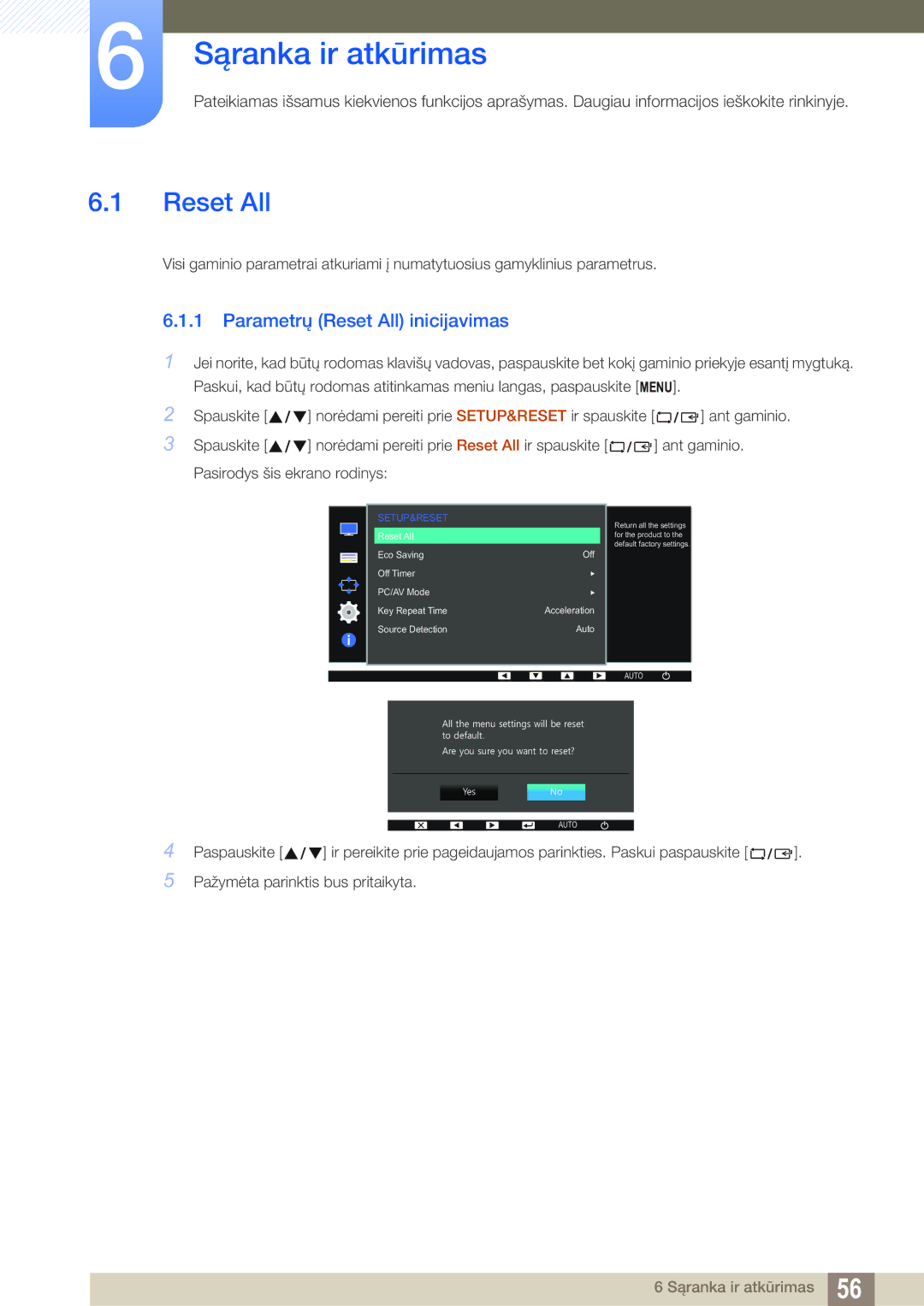 Samsung LS22D390QS/EN manual Sąranka ir atkūrimas, Parametrų Reset All inicijavimas 