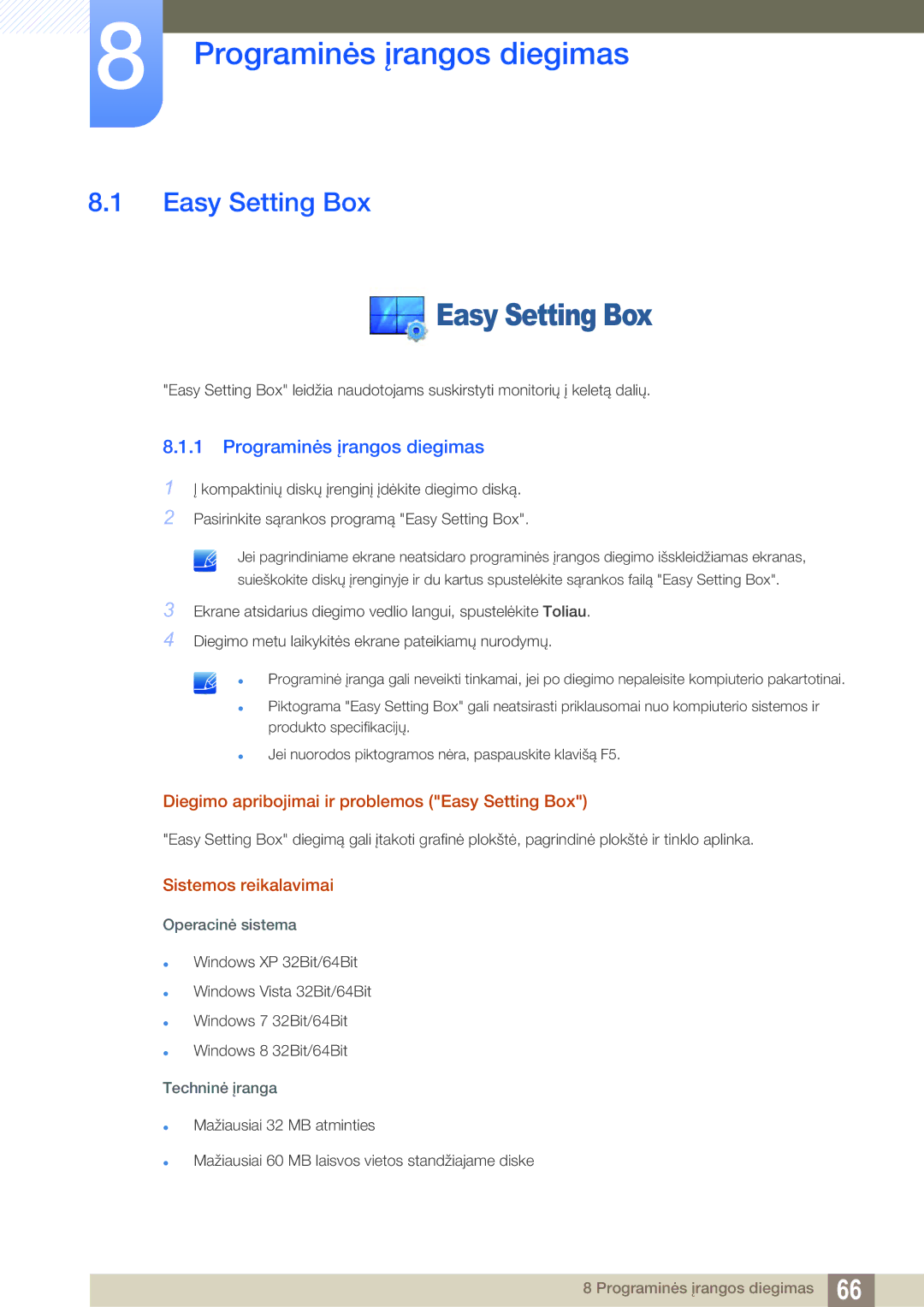 Samsung LS22D390QS/EN manual Programinės įrangos diegimas, Diegimo apribojimai ir problemos Easy Setting Box 