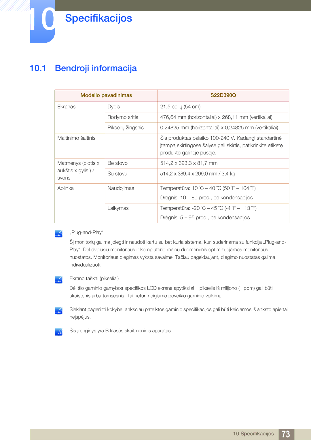 Samsung LS22D390QS/EN manual Specifikacijos, Bendroji informacija 