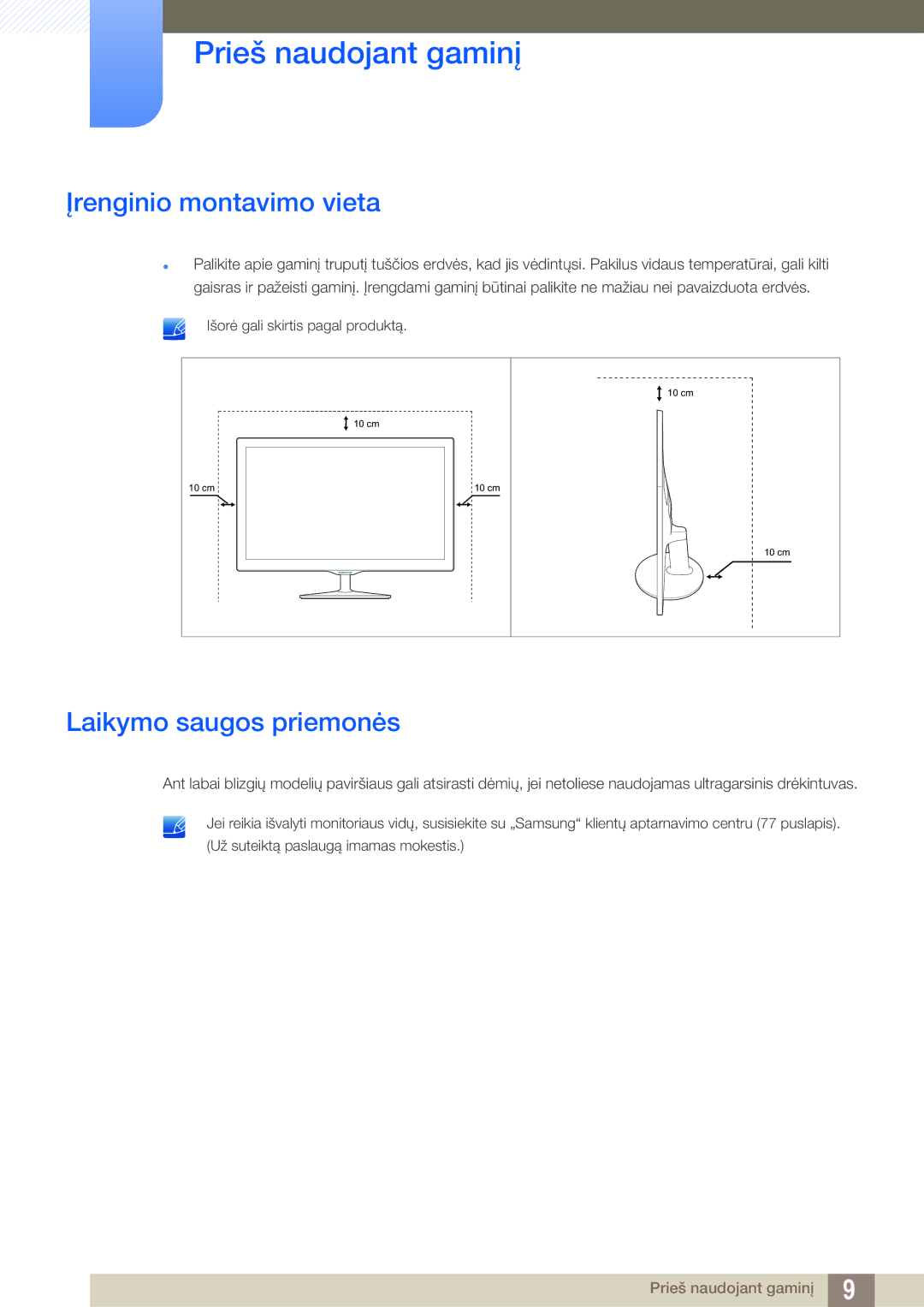 Samsung LS22D390QS/EN manual Įrenginio montavimo vieta, Laikymo saugos priemonės, Išorė gali skirtis pagal produktą 