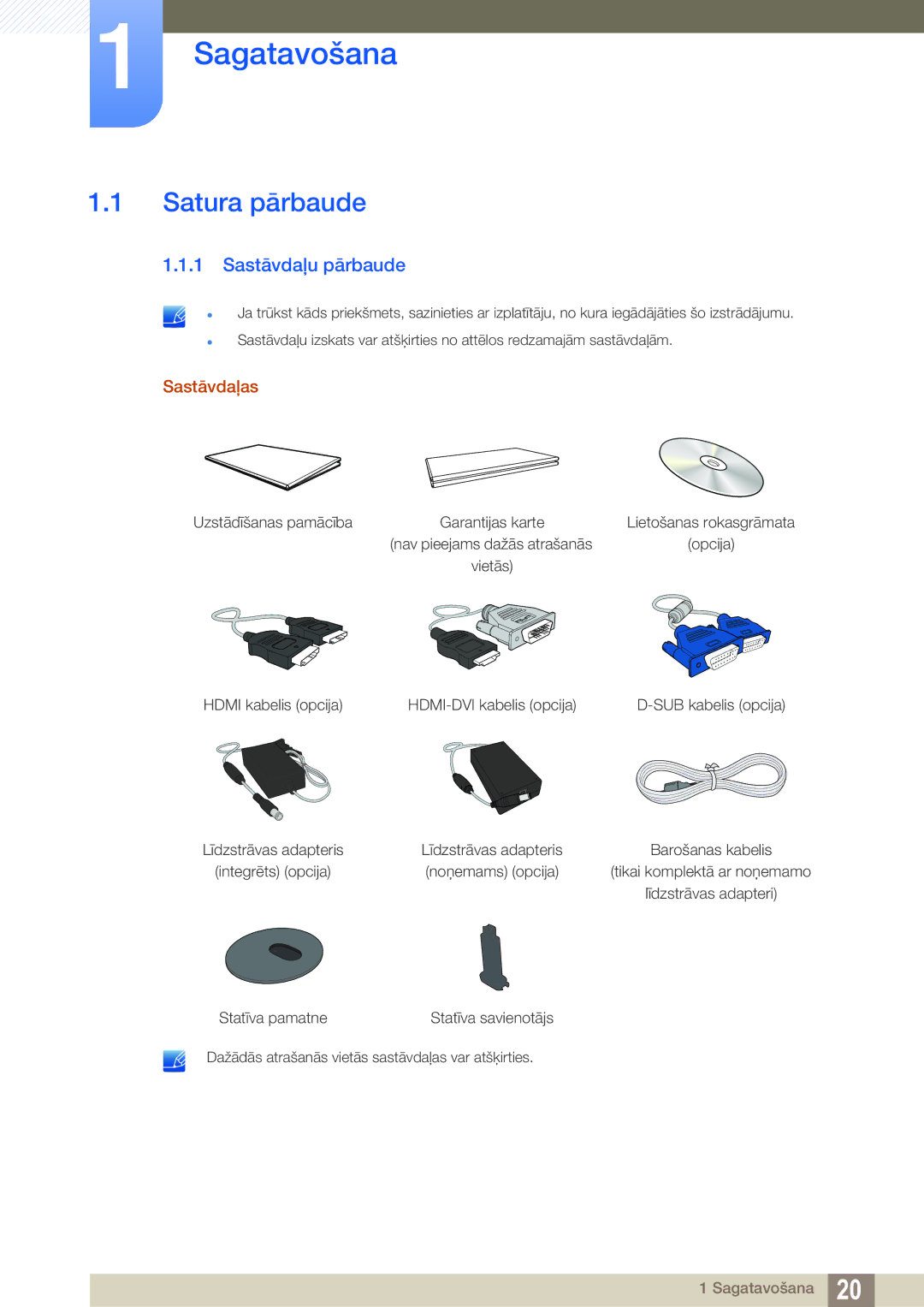 Samsung LS22D390QS/EN manual Sagatavošana, Satura pārbaude, Sastāvdaļu pārbaude, Sastāvdaļas 