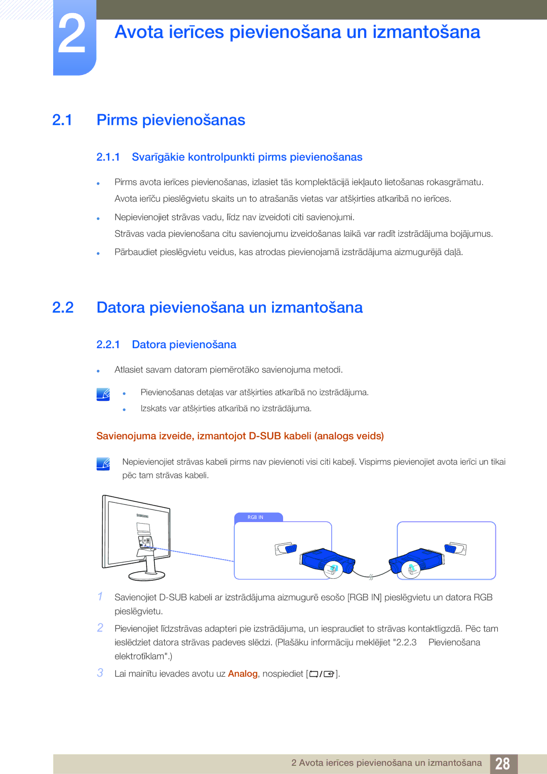 Samsung LS22D390QS/EN Avota ierīces pievienošana un izmantošana, Pirms pievienošanas, Datora pievienošana un izmantošana 