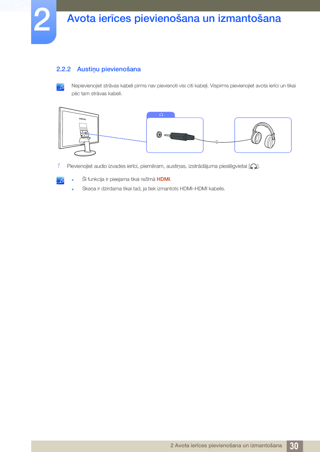 Samsung LS22D390QS/EN manual Austiņu pievienošana 