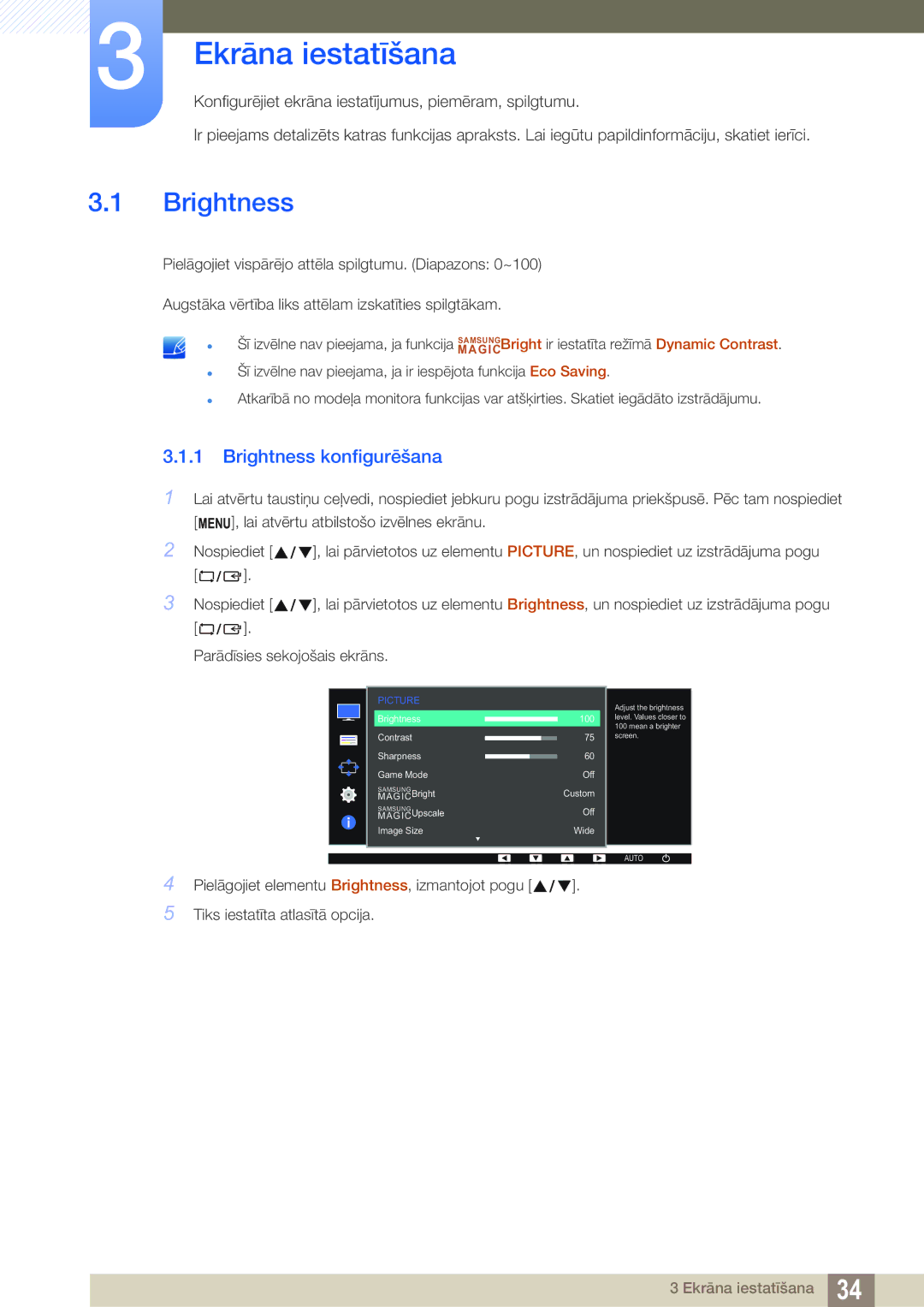 Samsung LS22D390QS/EN manual Ekrāna iestatīšana, Brightness konfigurēšana 