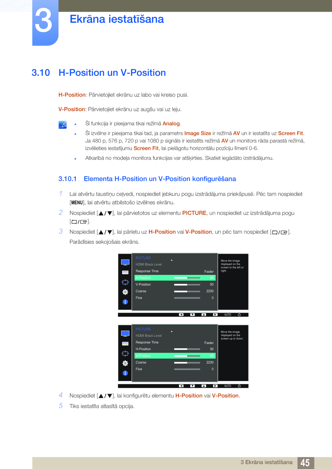 Samsung LS22D390QS/EN manual Elementa H-Position un V-Position konfigurēšana 