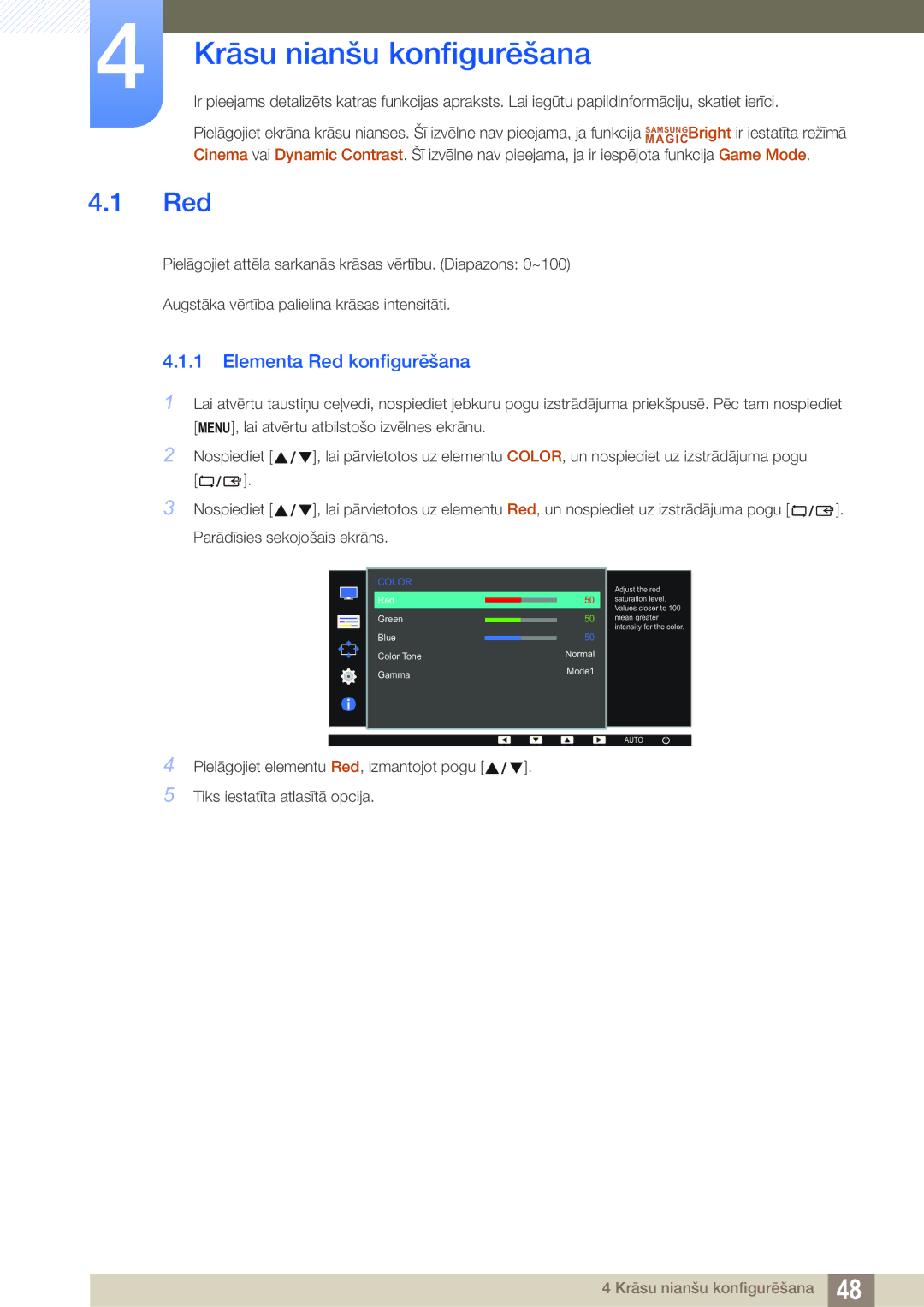 Samsung LS22D390QS/EN manual Krāsu nianšu konfigurēšana, Elementa Red konfigurēšana 