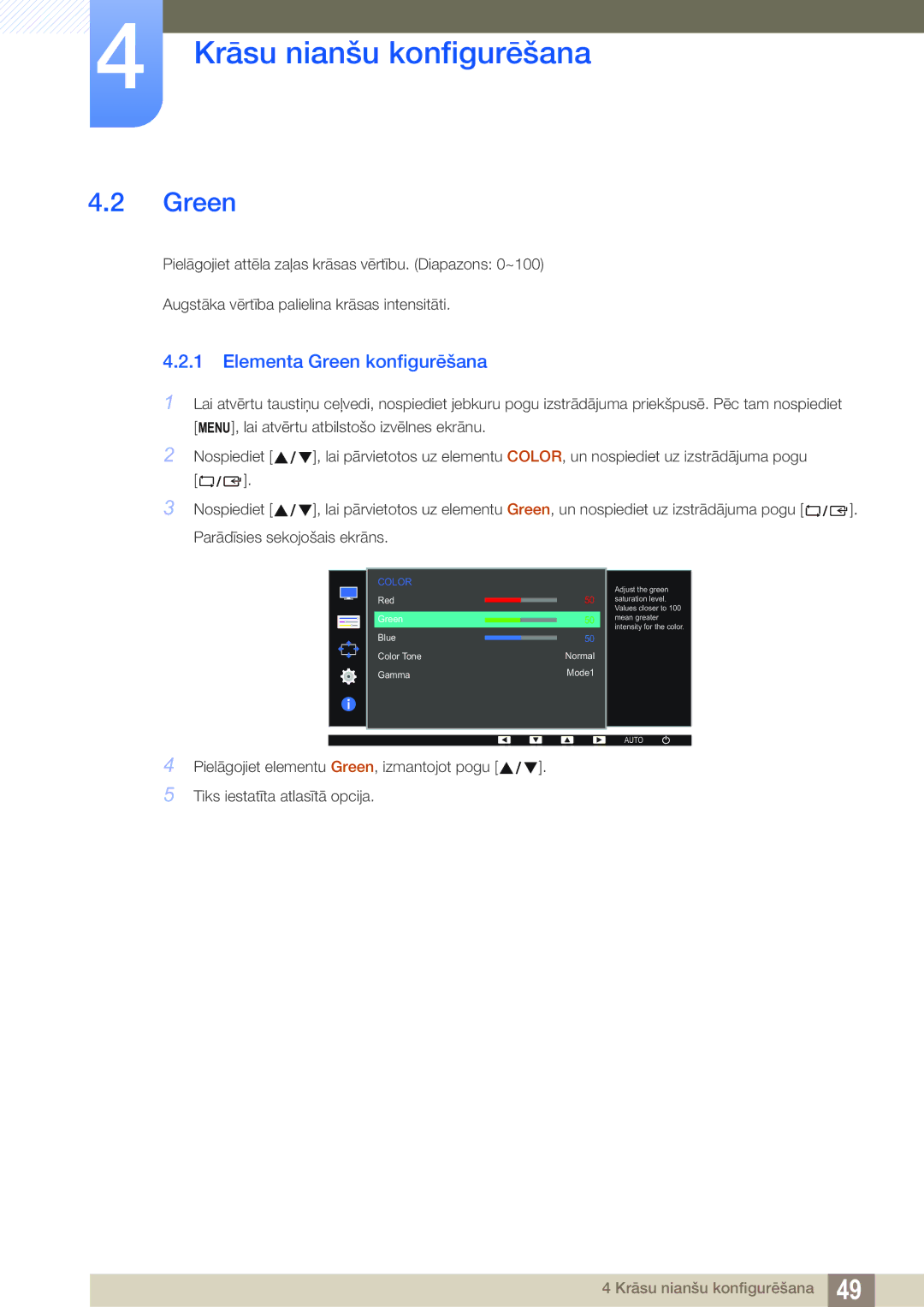 Samsung LS22D390QS/EN manual Elementa Green konfigurēšana 