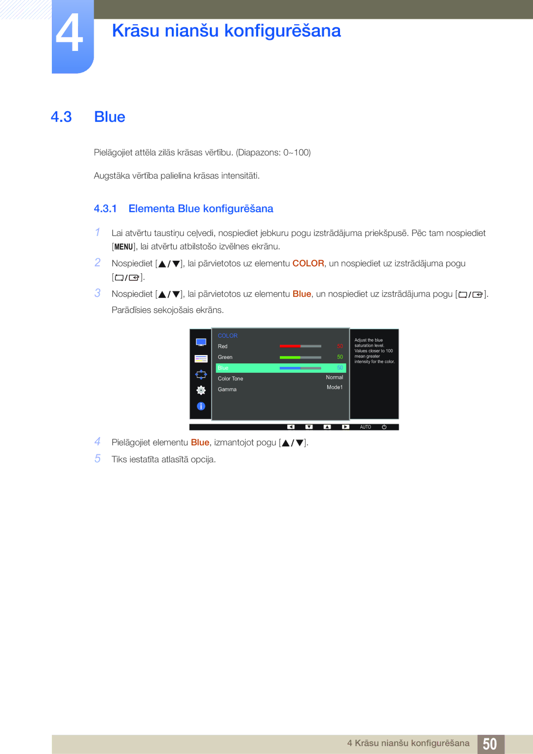 Samsung LS22D390QS/EN manual Elementa Blue konfigurēšana 