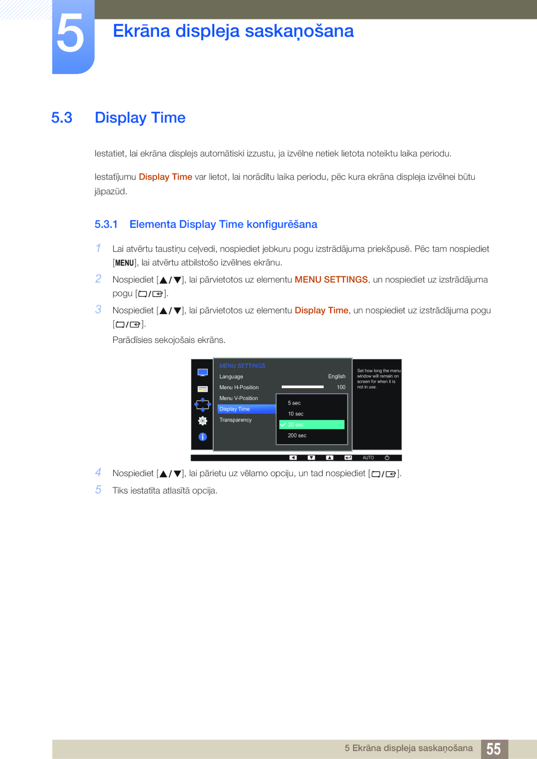 Samsung LS22D390QS/EN manual Elementa Display Time konfigurēšana 