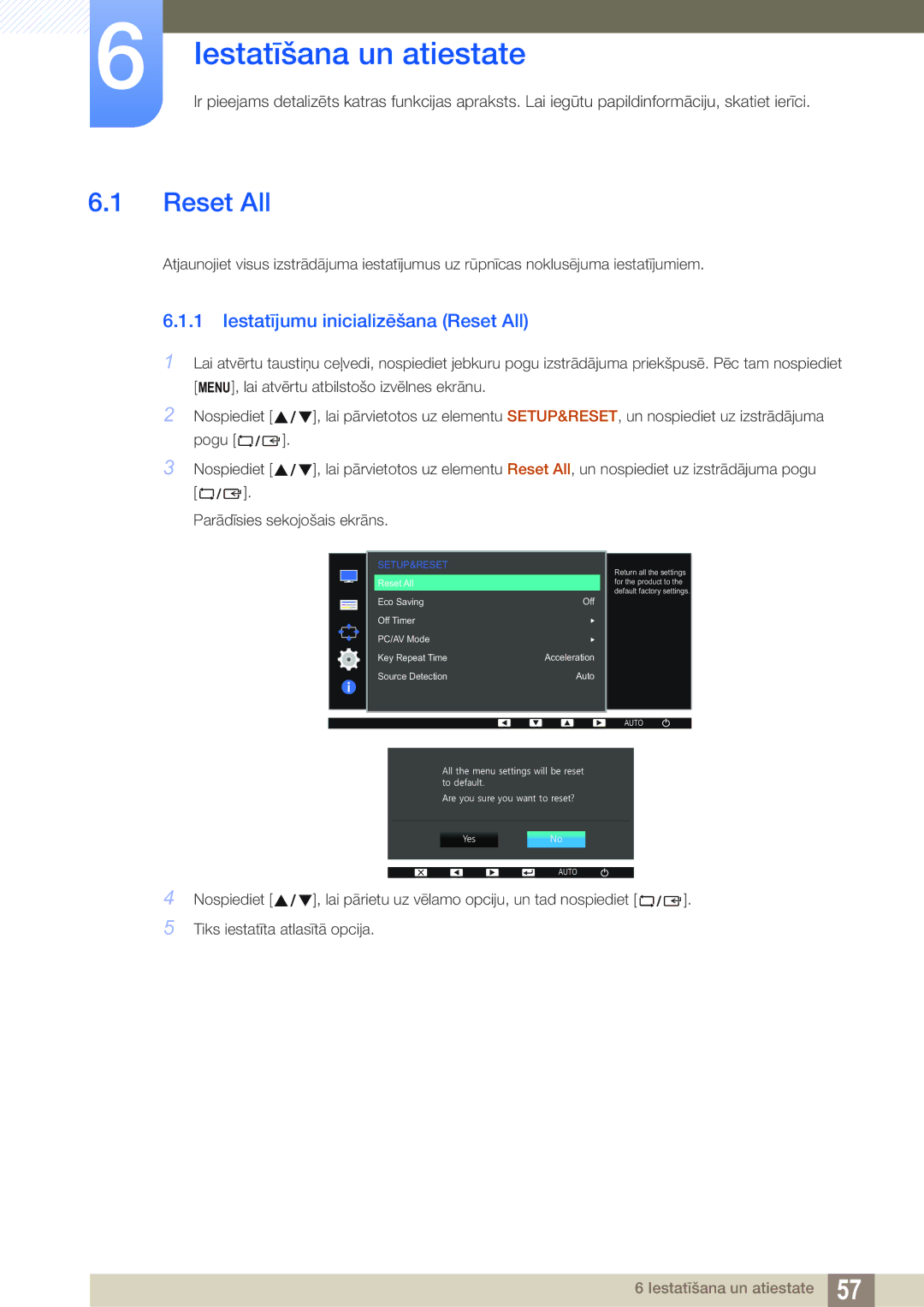 Samsung LS22D390QS/EN manual Iestatīšana un atiestate, Iestatījumu inicializēšana Reset All 