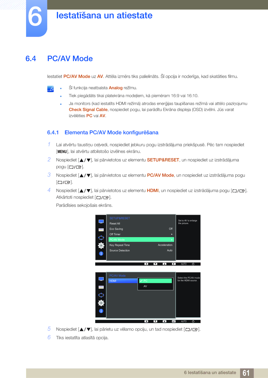 Samsung LS22D390QS/EN manual Elementa PC/AV Mode konfigurēšana 