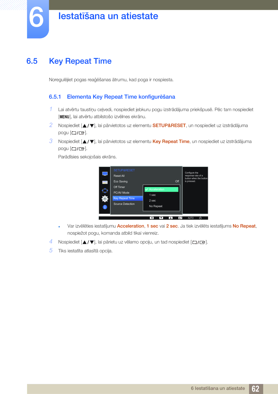 Samsung LS22D390QS/EN manual Elementa Key Repeat Time konfigurēšana 