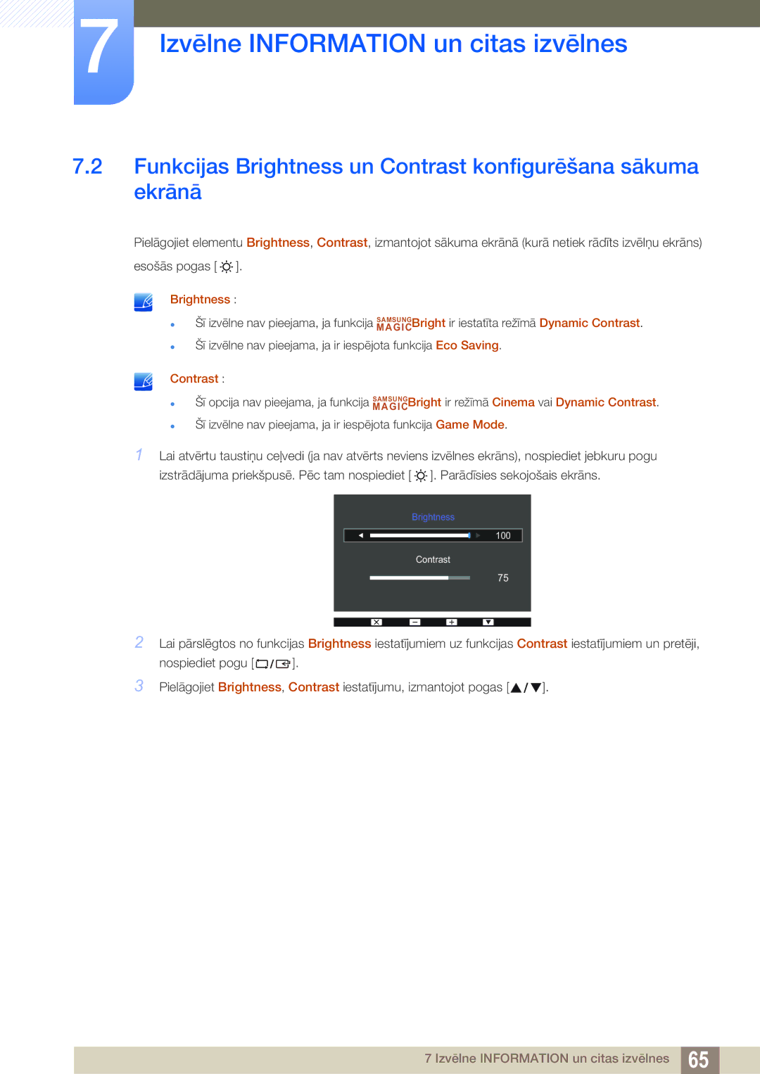 Samsung LS22D390QS/EN manual Funkcijas Brightness un Contrast konfigurēšana sākuma ekrānā 