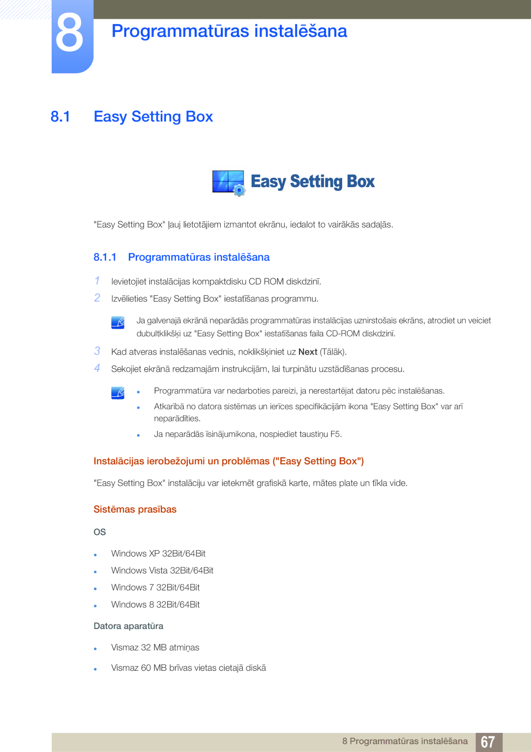 Samsung LS22D390QS/EN manual Programmatūras instalēšana, Easy Setting Box, Sistēmas prasības 